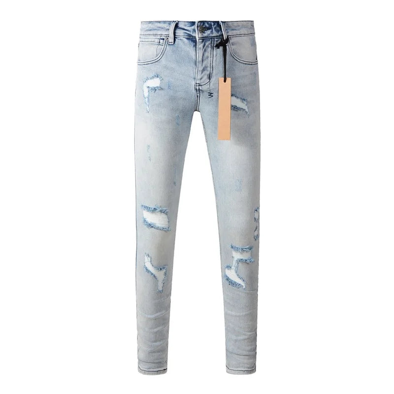 High Street Men's Jeans Low Rise Stretch Skinny Button Fly Ripped Hold Black Pants