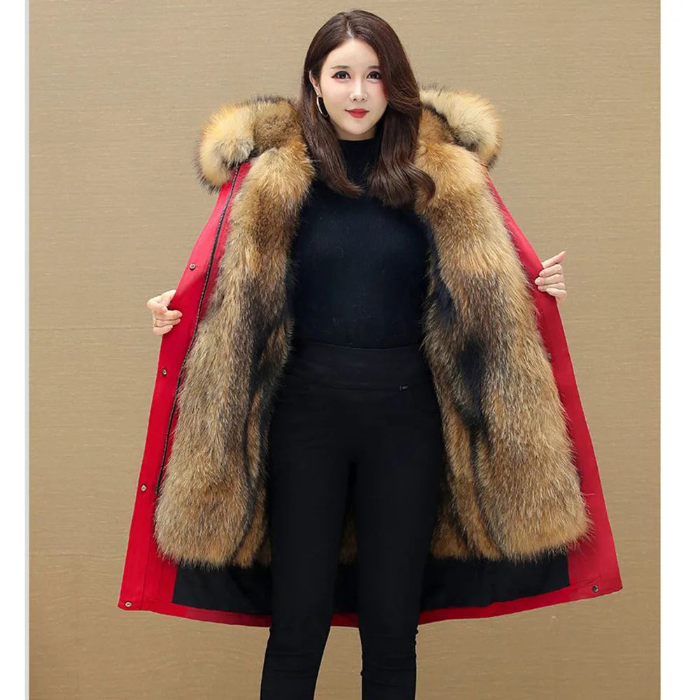 New Winter Jacket Women's Parkas Thick Warm Fur Lining Long Parke Female Fox Fur Detachable Faux Fur Overcoat Hooded Coat 5XL