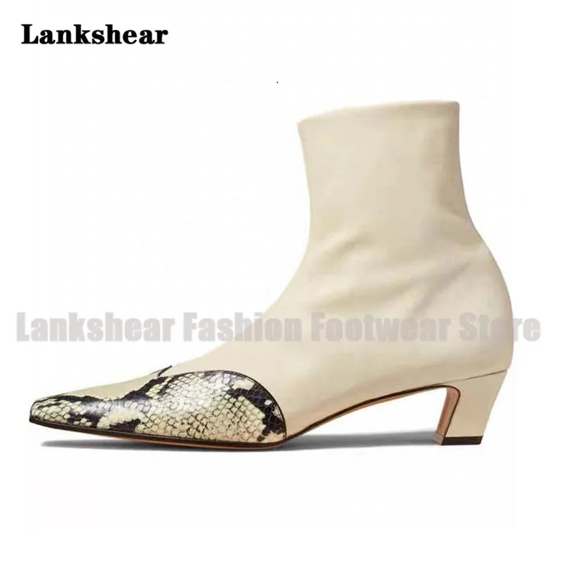 Square Toe Snake Pattern Ankle Boots Chunky Heels Side Zipper Boots Designer Booties Women's High Increase Shoes Botas Mujer