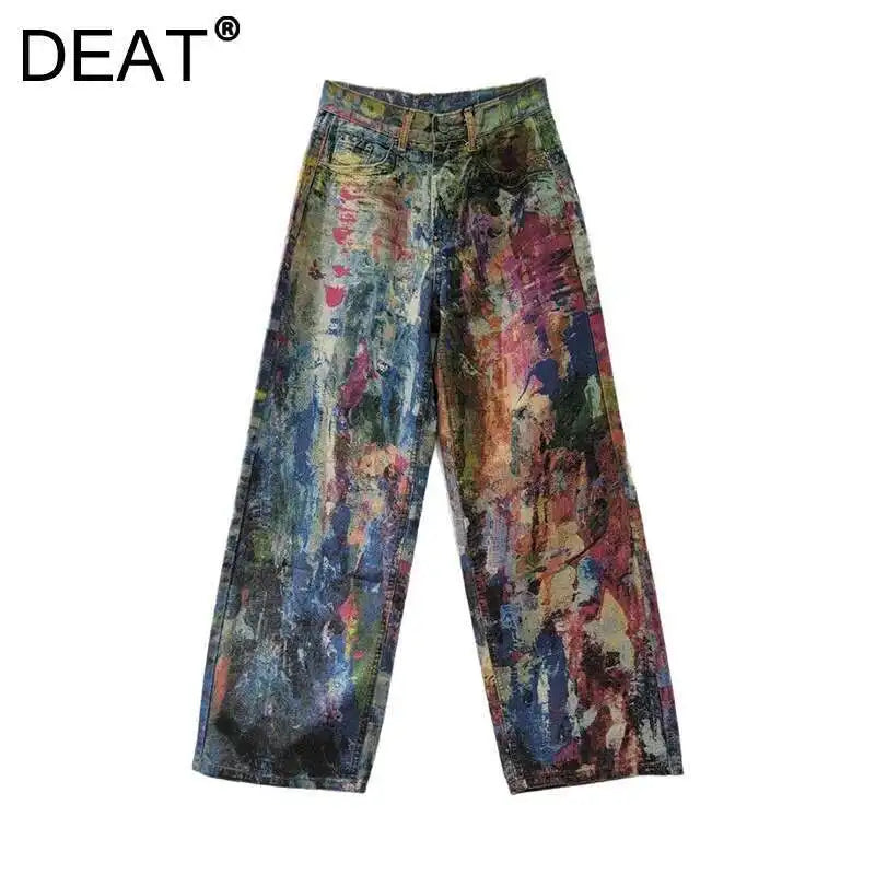 DEAT Women's Jeans High Waist Retro Colorful Straight Printed Splashed Ink Graffiti Denim Pants 2025 New Fashion Summer 29L9916
