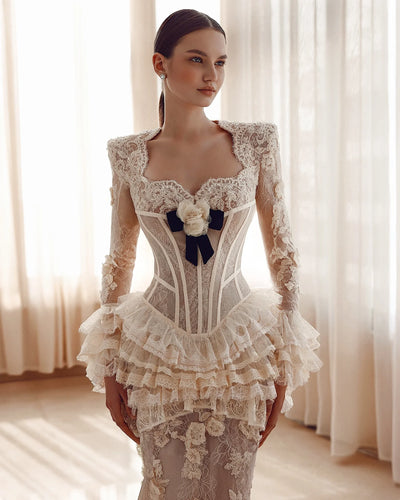 Princess Lace Mermaid Evening Dresses With Delicate Appliques Ruffles Lace Long Bridal Dress Formal Dress