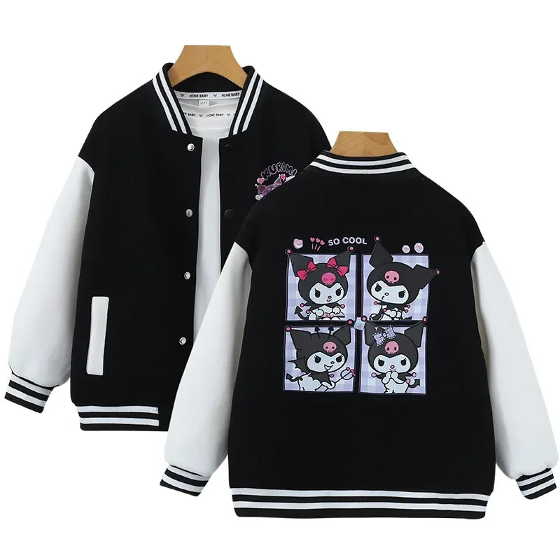 Kawaii Sanrio Kuromi Jackets For Girls Spring Autumn Teen Kids Cartoon Princess Cardigan Children's Baseball Uniform Sports Tops