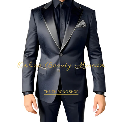 Men Suits 2 Piece Black Luxury Texture With Satin Gold Accent Jacket Pants Set Wedding Party Attire Bespoke Tuxedo For Men