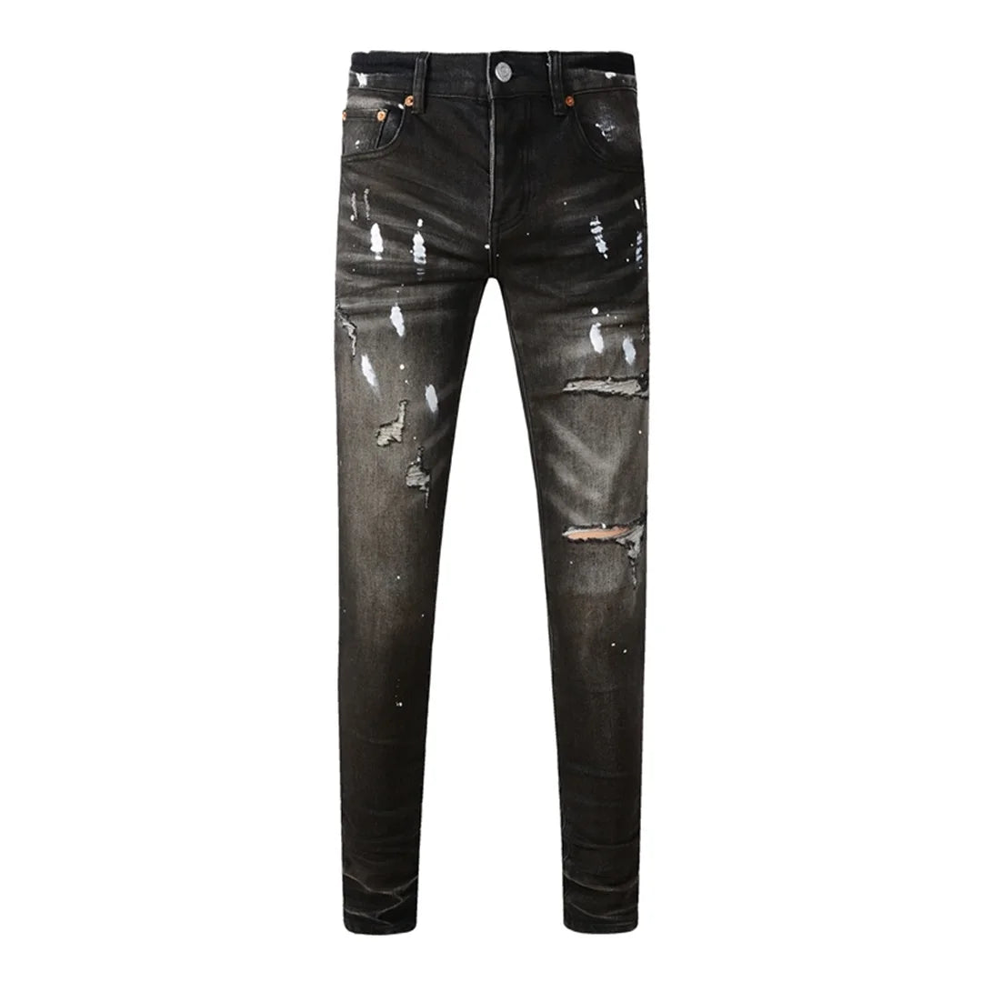 Americans High Street Trendy Men's Jeans Low Rise Stretch PantsSkinny Button Fly Ripped Retro Hold Trousers