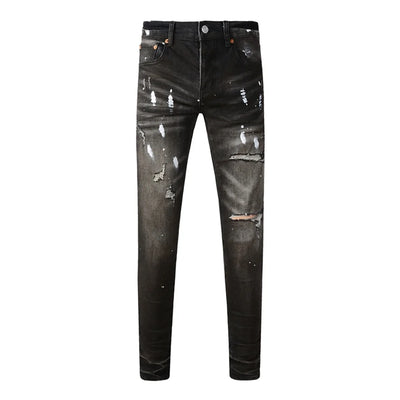 Americans High Street Trendy Men's Jeans Low Rise Stretch PantsSkinny Button Fly Ripped Retro Hold Trousers