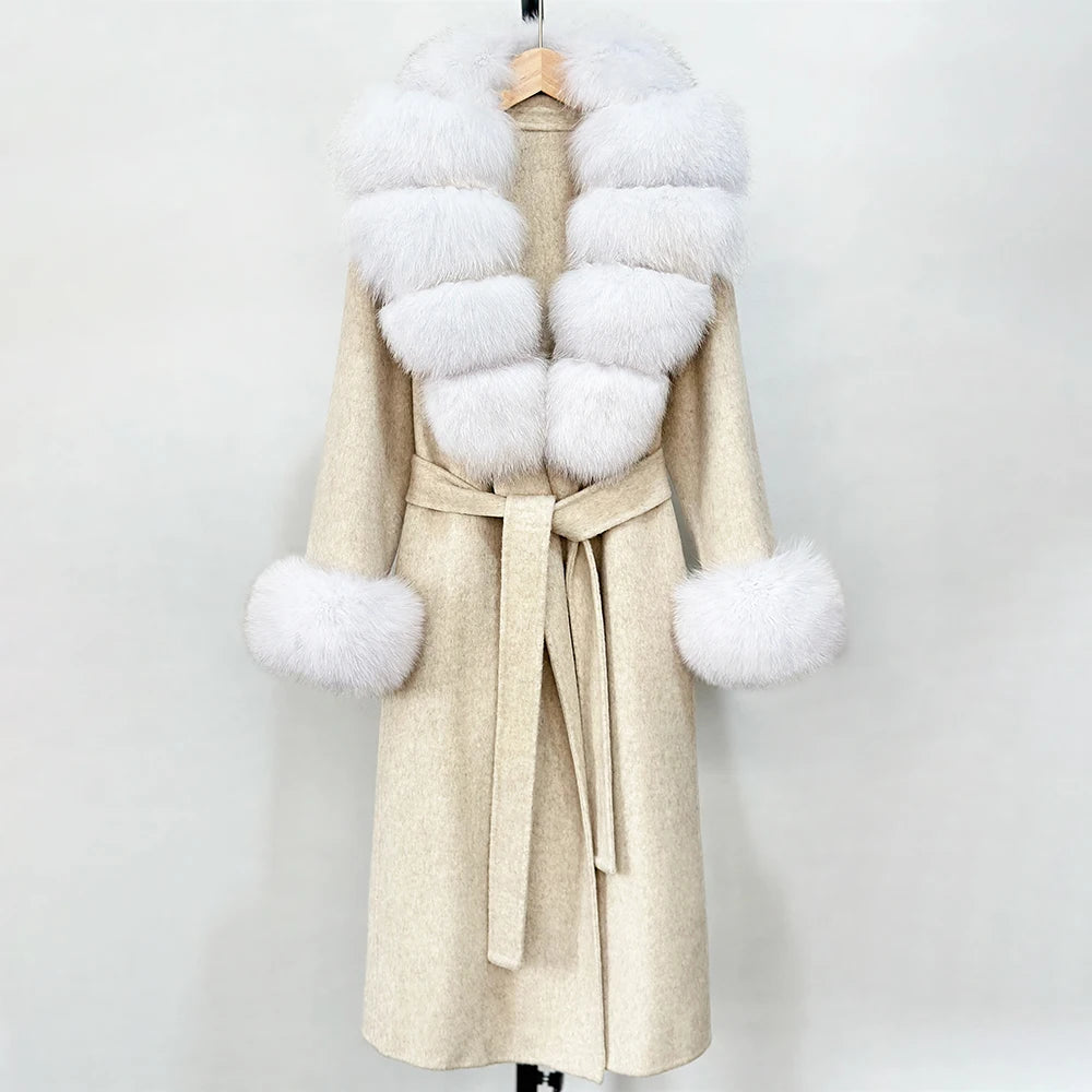 2025 New Autumn Wool Blend Coat Women Elegant Warm Real Fox Fur Collar Winter Wool Coat Female Double-sided Cashmere Jacket