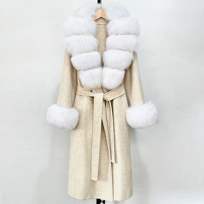 2025 New Autumn Wool Blend Coat Women Elegant Warm Real Fox Fur Collar Winter Wool Coat Female Double-sided Cashmere Jacket