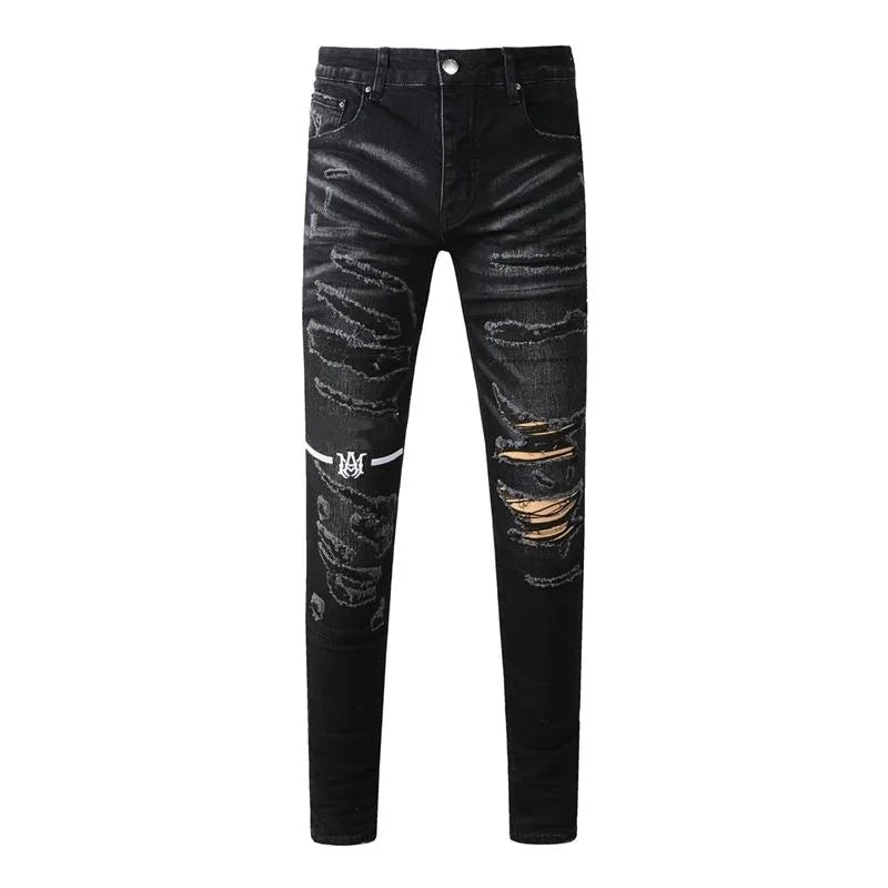 Fashion Top Quality Streetwear Distressed Men's Jeans  Vintage Low Rise Stretch Skinny Button Fly Ripped Hold Pants