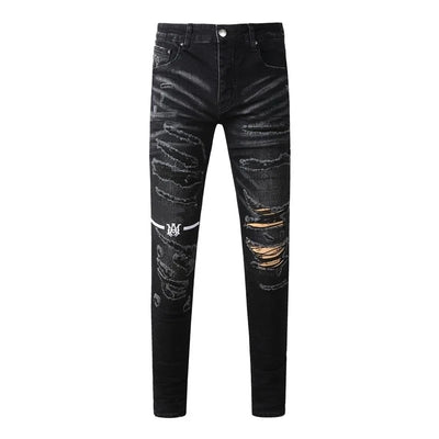 Fashion Top Quality Streetwear Distressed Men's Jeans  Vintage Low Rise Stretch Skinny Button Fly Ripped Hold Pants