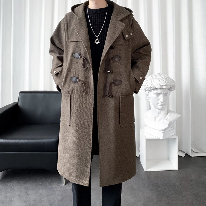 2025 Autumn Men Korean Hooded Trench Coat Men Casual Horn Button Woollen Coat Men Black Warm Long Coat Male Wool Blends Overcoat