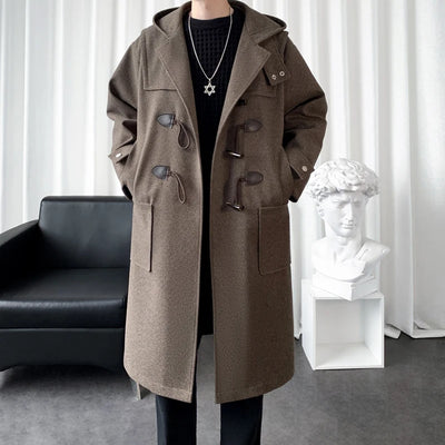 2025 Autumn Men Korean Hooded Trench Coat Men Casual Horn Button Woollen Coat Men Black Warm Long Coat Male Wool Blends Overcoat