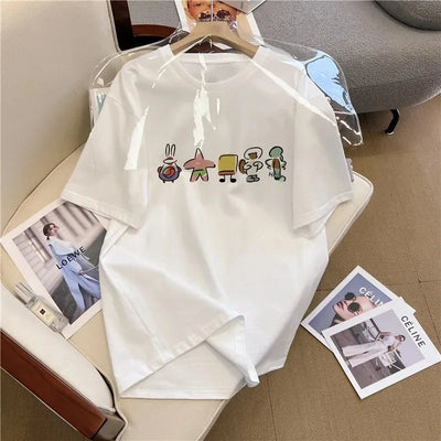 Cotton Cartoon Print Short Sleeve T-Shirt Women's Loose Fit Casual Versatile Top Summer 2024 New Arrival Crew Neck Design