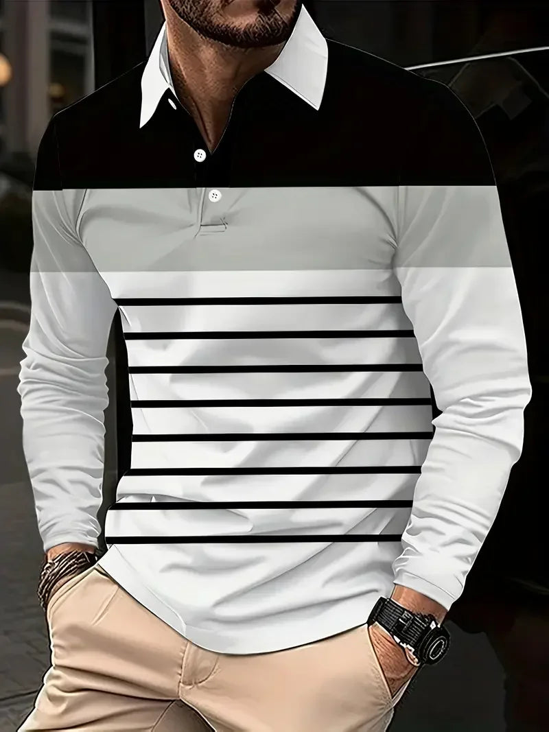 Classic minimalist striped long sleeved men's polo fashion autumn and winter casual golf oversized sport pullover men's Clothing