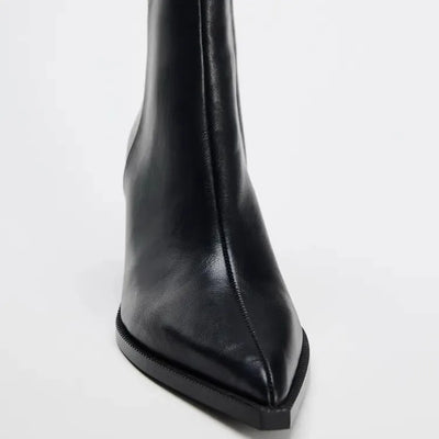 Women's Black Leather Ankle Boots Pointed Toe Block Heel Stylish Side Zipper Fashionable Short Booties For Daily  Party Wear