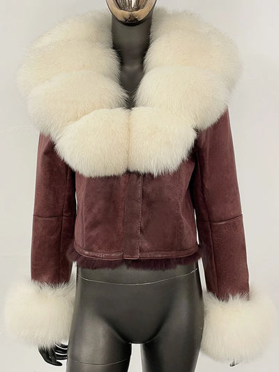 OFTBUY Fashion Short New Autumn Winter Fur Clothing Real Rabbit Fur Liner Suede Jacket Women Natural Fox Fur Collar Coat Female