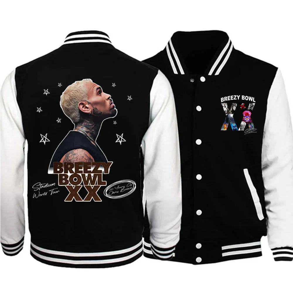 Rapper Chris Brown Breezy Bowl XX Concert Baseball Jacket Preppy Style Baseball Uniforms Casual High Street Tops