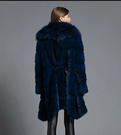 HDHOHR 2025 New Natural Mink Fur Coats Women Real Mink Fur Coat With Big Fox Elegant blue High Quality Female Warm Winter Jacket