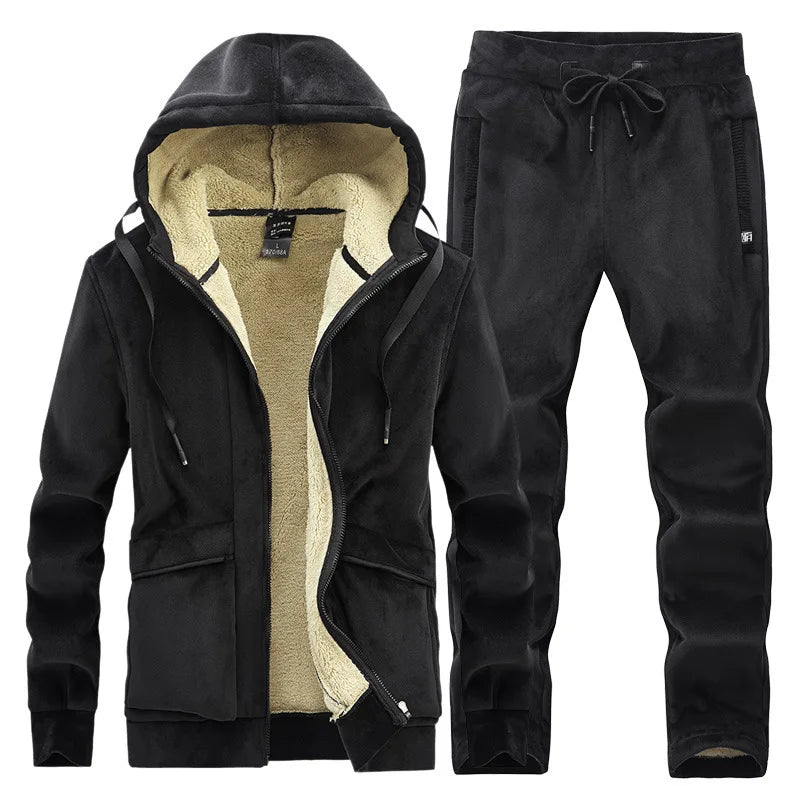 Cashmere Mens Fleece Warm Tracksuit Male Winter Warm Hooded Fashion Sets Mens Hoodies + Pants Sportswear Sets WinterThick Set