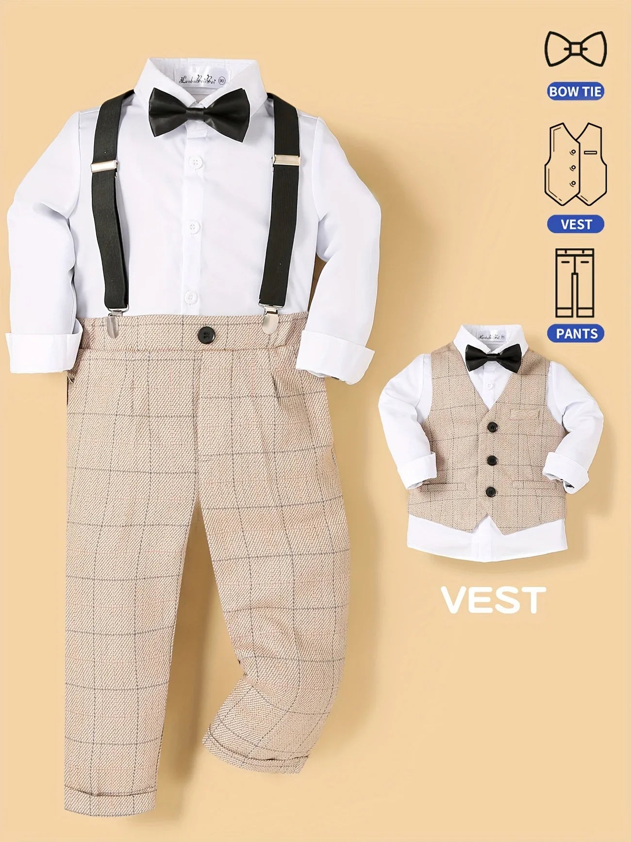 Flower Boy Attire for Weddings Kids Formal Vest Pants Bowtie 3Pieces Outfit Suti for Piano Host Speech Performance