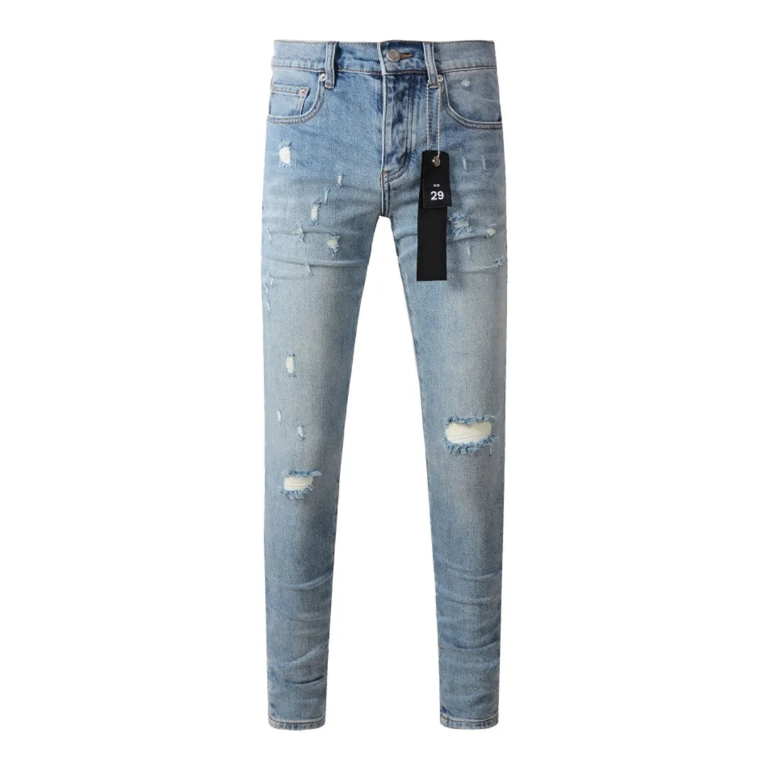 Americans High Street Trendy Men's Jeans Low Rise Stretch PantsSkinny Button Fly Ripped Retro Hold Trousers