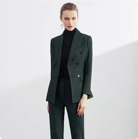 Retro Wool Suit Two Piece Sets Womens Outifits Double-Breasted Blazer Female President Manager Professional Suit Set Clothing