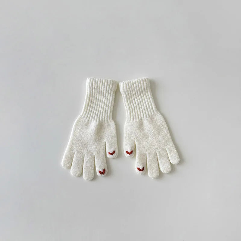 Winter Warm Children Long Gloves Solid Woolen Five Finger Glove Embroidered Love Kintted Mittens 4-8year Kids Touchscreen Gloves