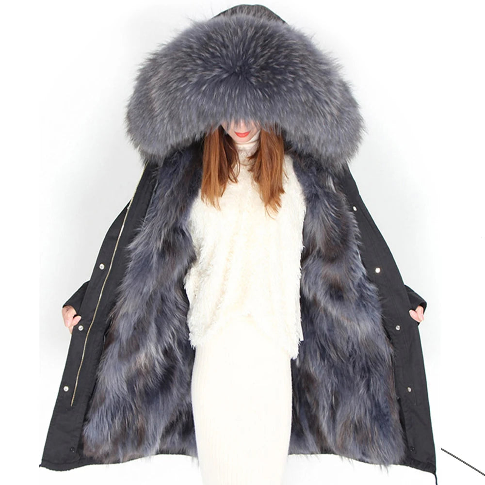 2024 New Winter Jacket Women X-Long Parka Waterproof Big Natural Raccoon Fur Collar Hood Real Fur Coat Thick Warm Real Fox Fur