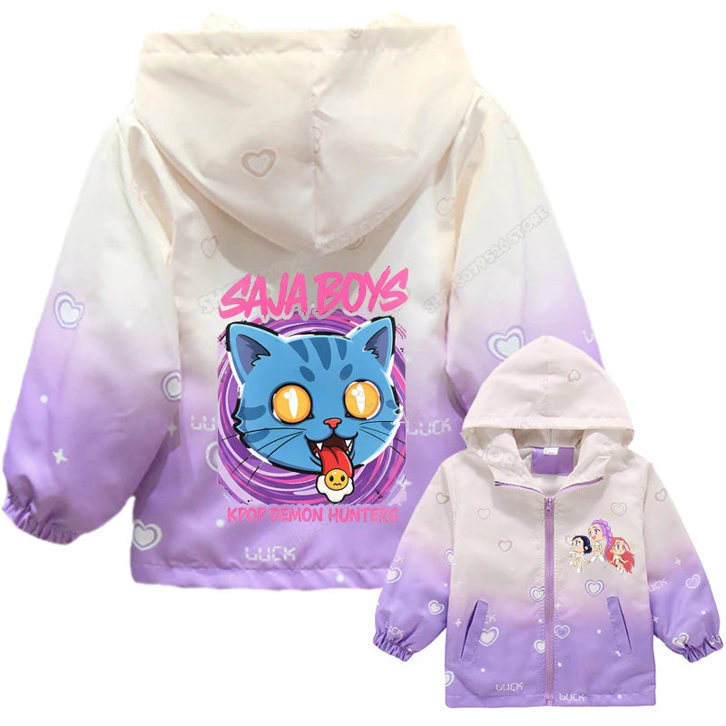 KPop Demon Hunters Girls Hood Jacket Kids Windbreak Coat Outdoor Casual Waterproof Jackets Zip Up Coat Movie Anime Outerwear