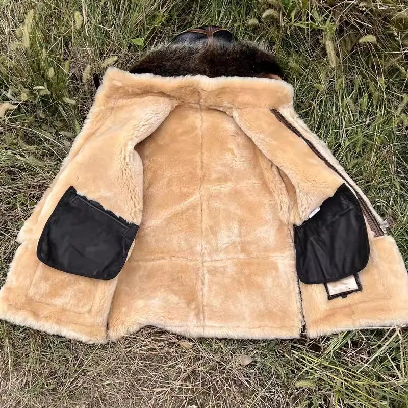 YR!Wholesales.Classic bomber real fur jacket.Long Warm winter thick wool coat.Luxury genuine leather cloth,natural shearling
