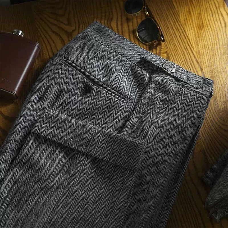 Vintage Naples Wool Herringbone Pants Autumn and Winter American-Style Coarse Twill British Slim-Fit Casual Pants