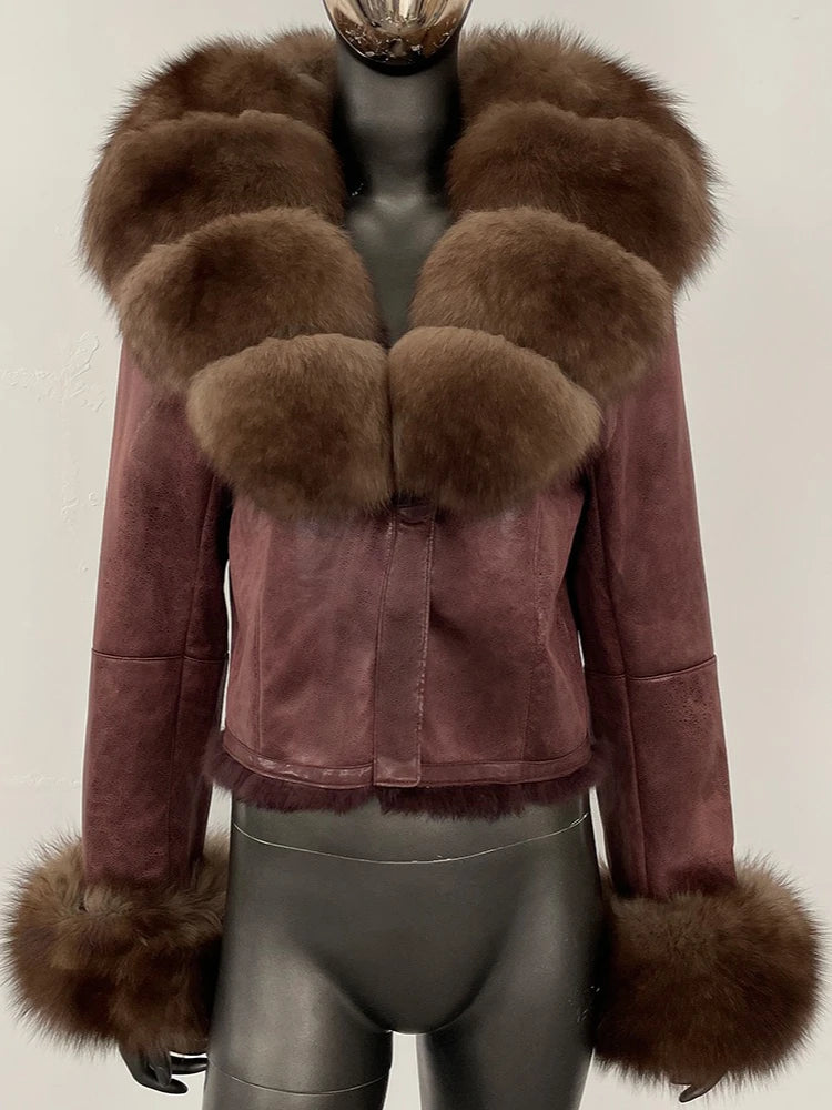 OFTBUY Fashion Short New Autumn Winter Fur Clothing Real Rabbit Fur Liner Suede Jacket Women Natural Fox Fur Collar Coat Female