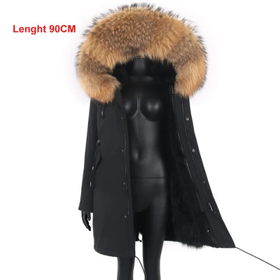 2024 New Winter Jacket Women X-Long Parka Waterproof Big Natural Raccoon Fur Collar Hood Real Fur Coat Thick Warm Real Fox Fur