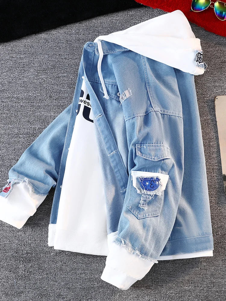 Fall Men's Denim Jaet Baseball Sle Casual Hoodie Outerwear Spring Autumn Couple's Faionable Loose Fit Long Sve