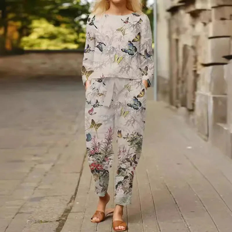 Spring Summer New Vintage Print Long Sleeve round Neck T-Shirt Set Wide Leg Pants Ethnic Style Fashionable Women's Outfit