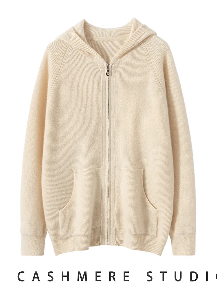 Men's Autumn Winter Cashmere Sweater Zippers Hooded Cardigan Jacquard Casual Pockets 100% Cashmere Knitwear Raglan Sleeve Tops