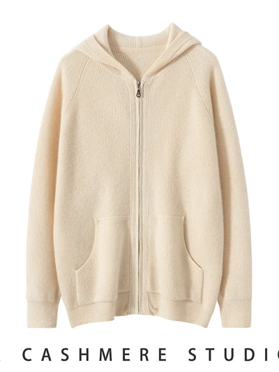 Men's Autumn Winter Cashmere Sweater Zippers Hooded Cardigan Jacquard Casual Pockets 100% Cashmere Knitwear Raglan Sleeve Tops