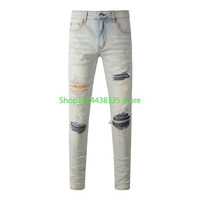 Americans New Trendy Streetwear Men's Jeans Low Rise Skinny Denim Pants Pleated Ripped Trousers
