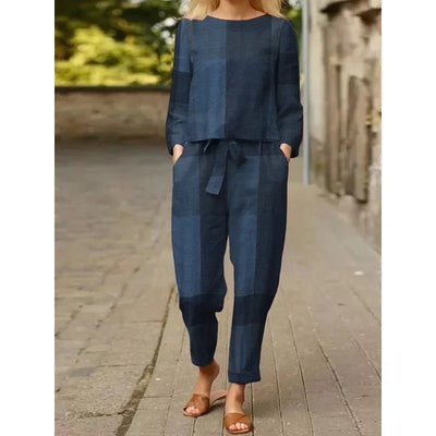 Spring Summer New Vintage Print Long Sleeve round Neck T-Shirt Set Wide Leg Pants Ethnic Style Fashionable Women's Outfit