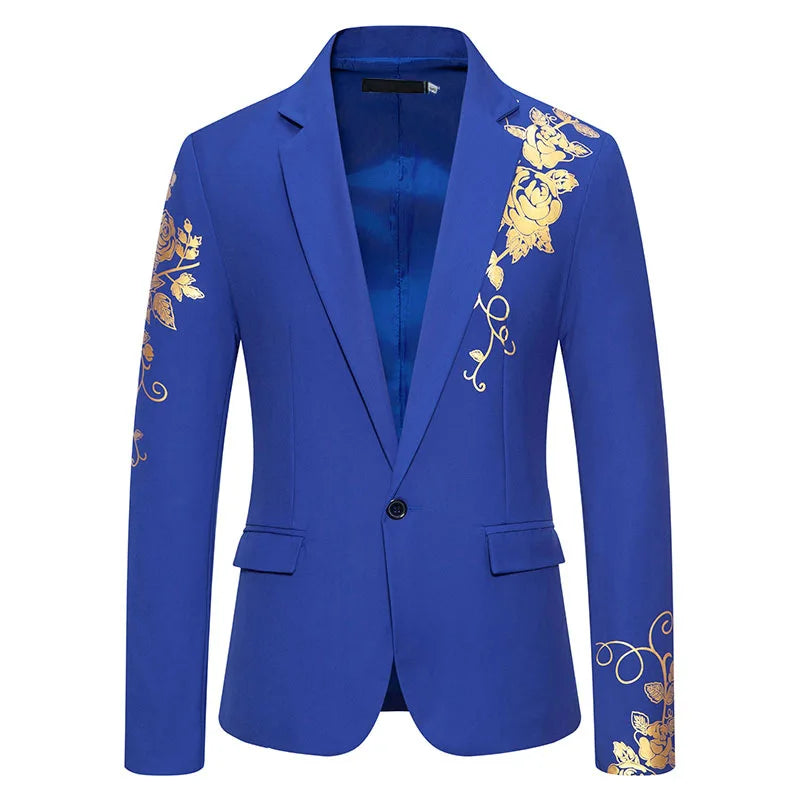 Gold Floral Print Blazer Suits Wedding One Button Men's Formal African Evening Jacket Coat Lapel Collar Notched Prom Bridegroom