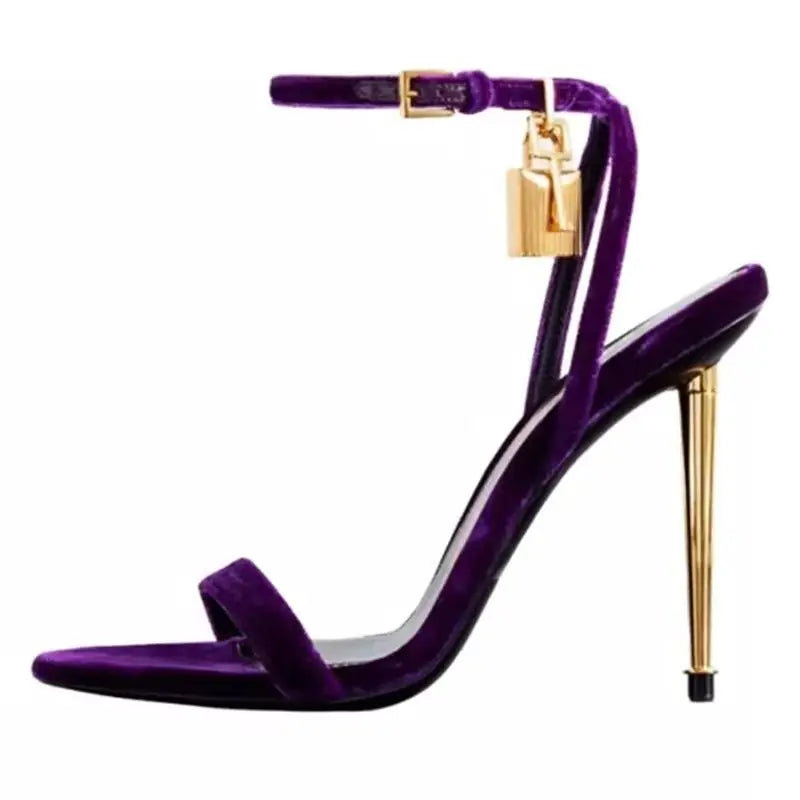 Women Padlock Sandals Gold Green Metallic Leather Runway Dress Shoes Ankle Strap Stiletto High Heels Celebrating Shoes