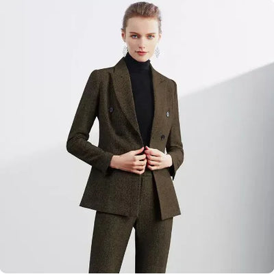 Retro Wool Suit Two Piece Sets Womens Outifits Double-Breasted Blazer Female President Manager Professional Suit Set Clothing