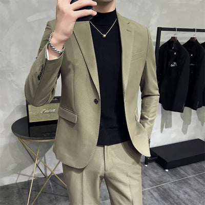 Men's Solid Color Formal Two-Piece Suit Fashion Business Casual Office Dress Wedding Party High-Quality Jacket And Pants Set