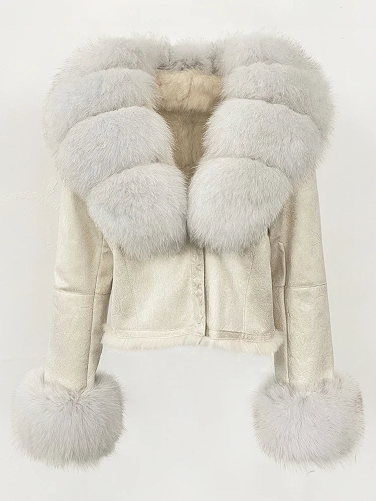 OFTBUY Fashion Short New Autumn Winter Fur Clothing Real Rabbit Fur Liner Suede Jacket Women Natural Fox Fur Collar Coat Female