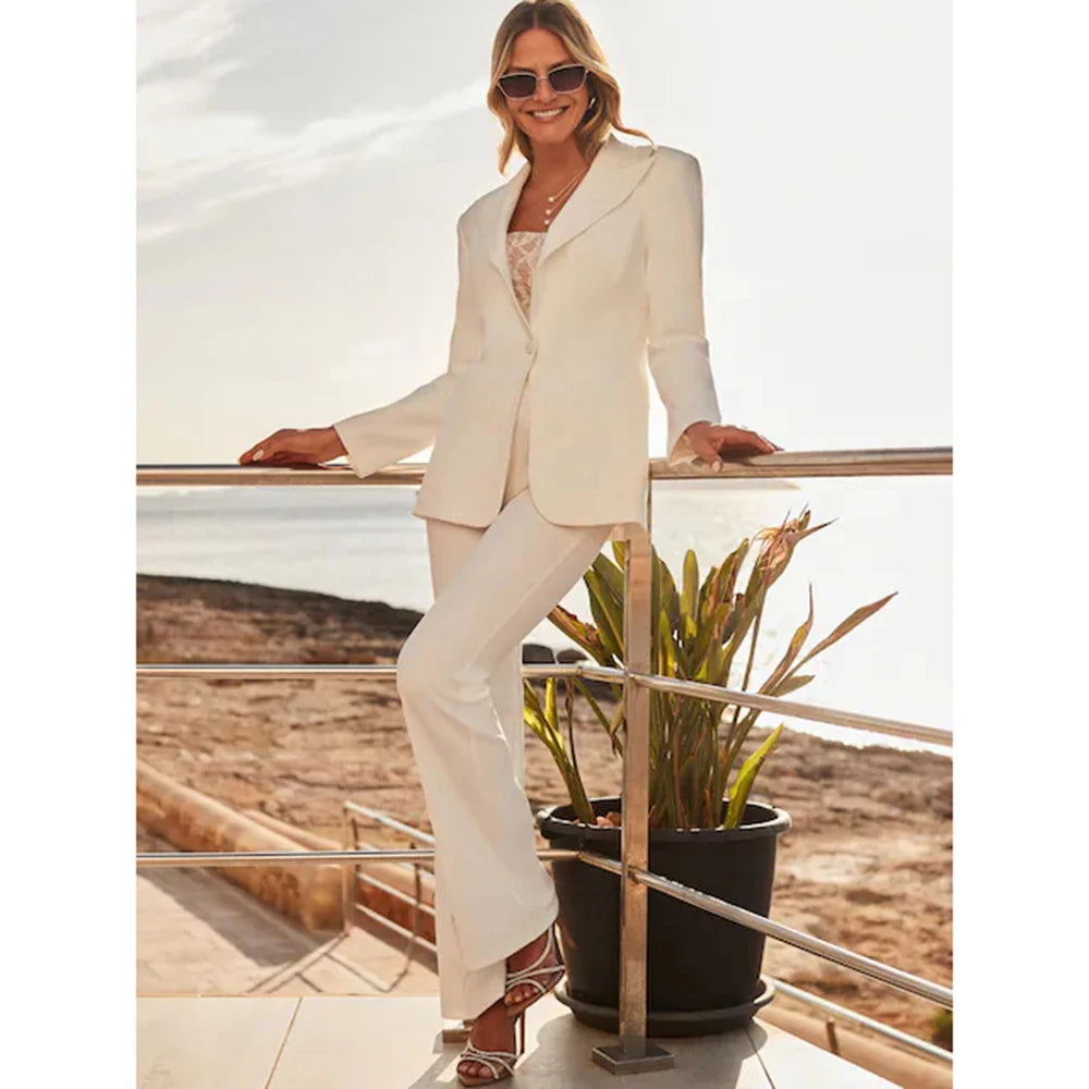 Elegant White 2 Pieces Suit Set for Woman One Button Peak Lapel Jacket Flared Pants Sets Office Banquet Wedding Women's Clothing