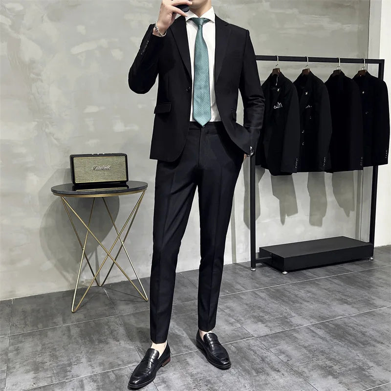 Men's Solid Color Formal Two-Piece Suit Fashion Business Casual Office Dress Wedding Party High-Quality Jacket And Pants Set
