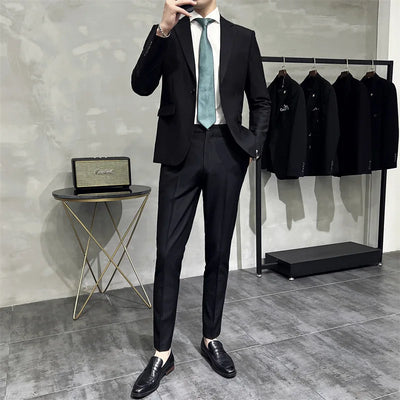 Men's Solid Color Formal Two-Piece Suit Fashion Business Casual Office Dress Wedding Party High-Quality Jacket And Pants Set