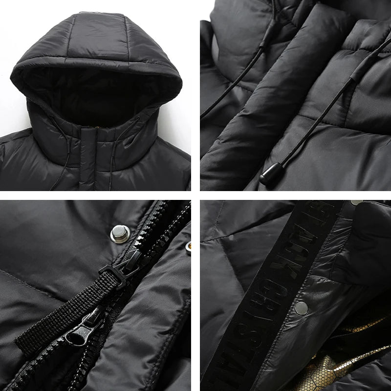 Winter New Men Warm Thick Long Down Jacket Coat Mens Hooded Waterproof Black Gold Puffer Jacket Men Casual Windproof Parkas Male