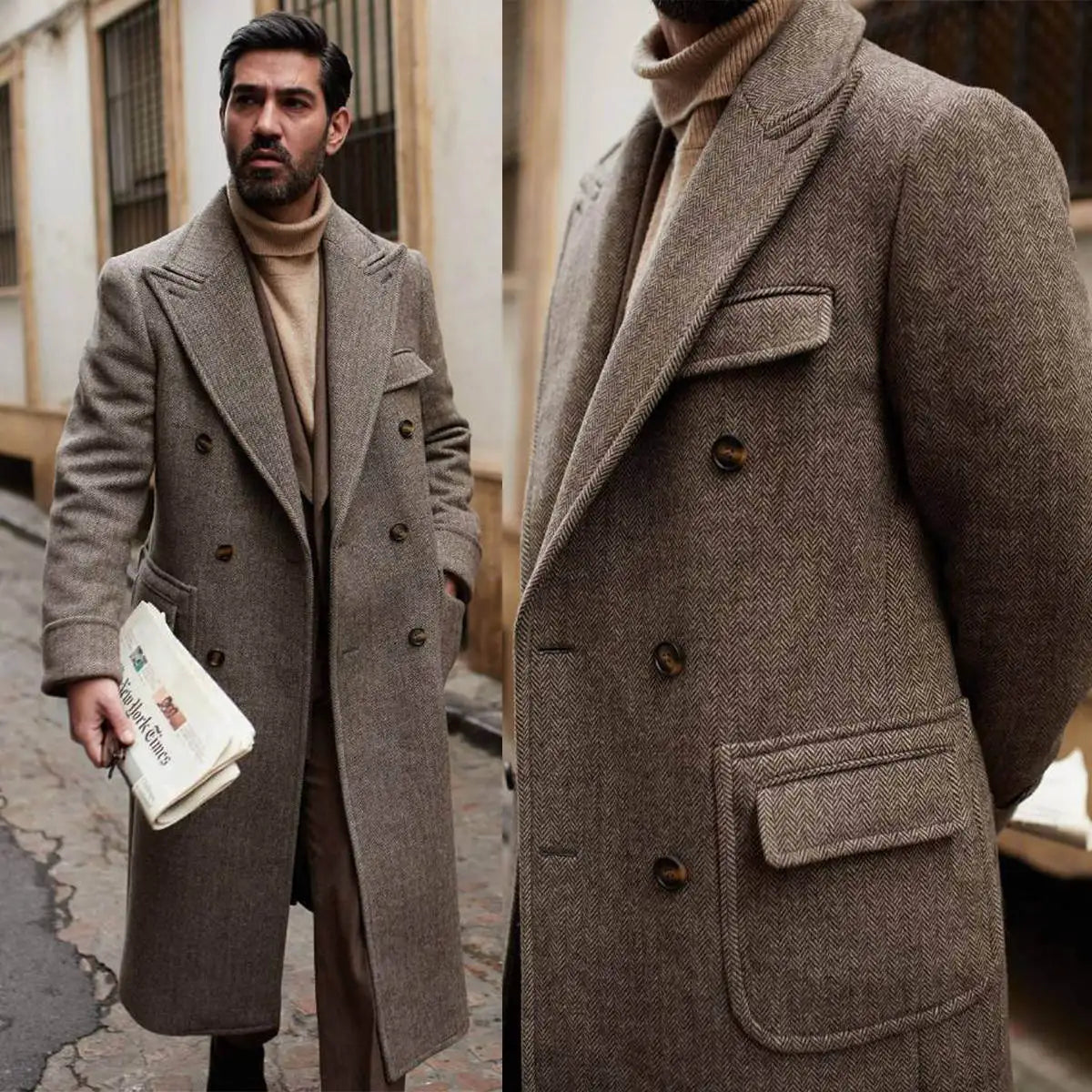 Brown Men Tweed Overcoat Blazer Peaked Lapel Double Breasted Tuxedos Coats
