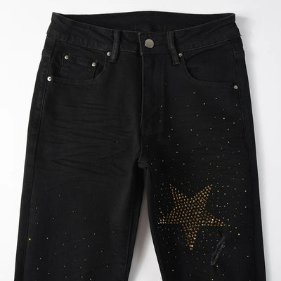 Men Star Crystal Denim Jeans Streetwear Rhinestone Skinny Tapered Pants Holes Ripped Black Stretch Trousers