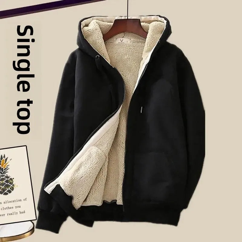 Plus Size Women's Autumn/Winter New Fleece-Lined Thickened Sportsuit Loose-Fit Slimming Casual 2-Piece Set Stylish